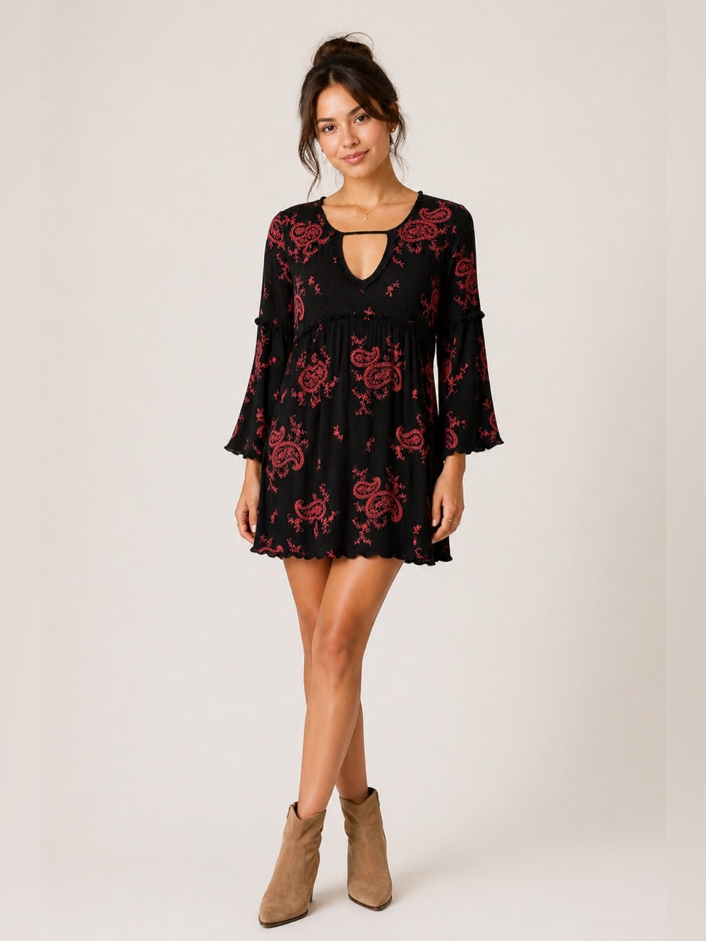 Way-In Black Dress with Red Floral Print Keyhole Neckline Boho Size XS